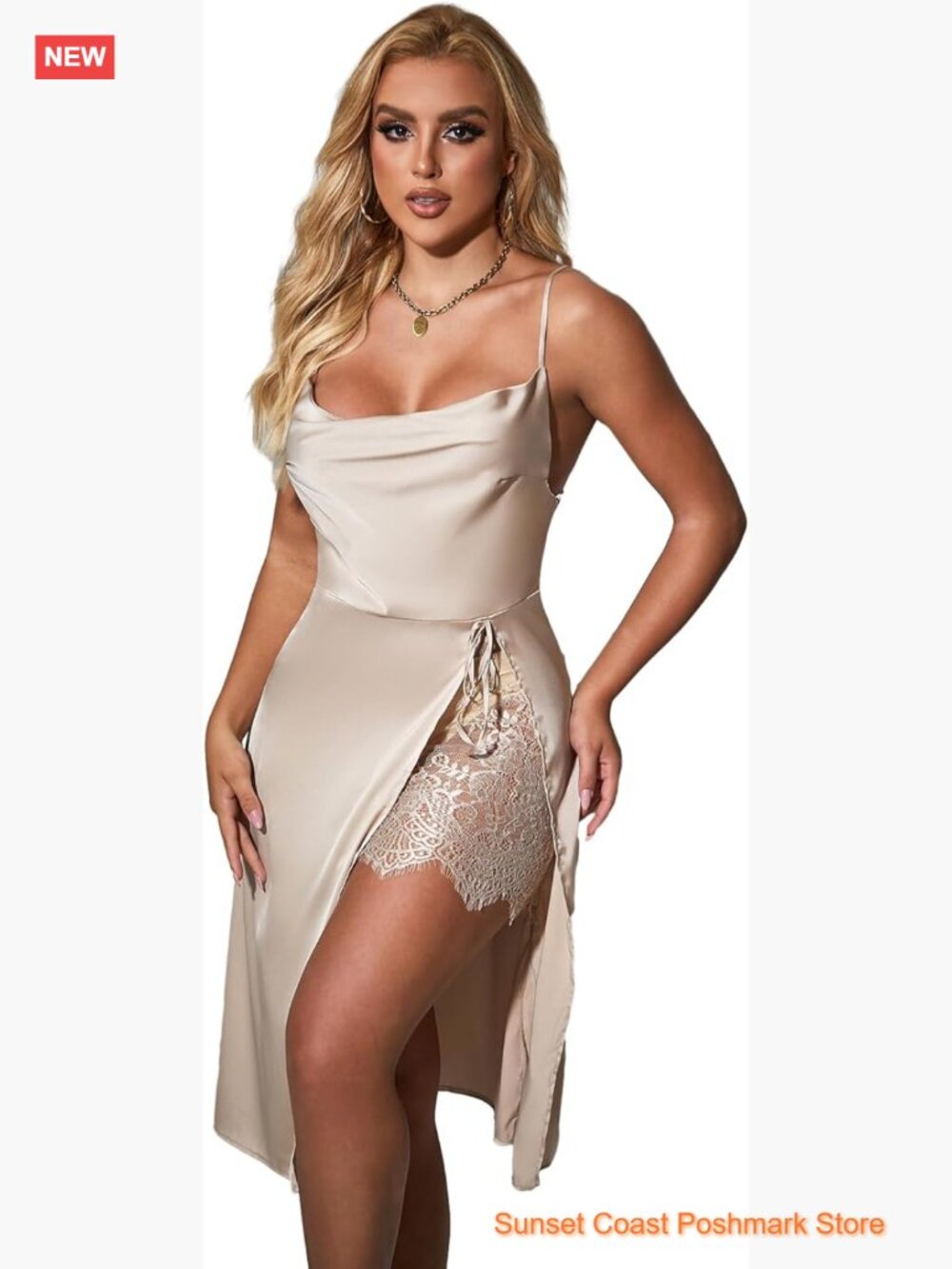 Sexy V-Neck Satin Slip Chemise Nightgown Lingerie Dress with Open Back and High
